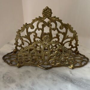 Vintage Art Nouveau Brass Ornate Napkin Holder w Intricate Scrolls and Detailing